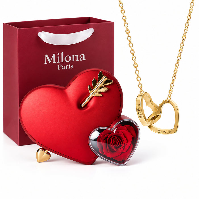 Milona – Röd rosbox och guldfärgat halsband med presentförpackning